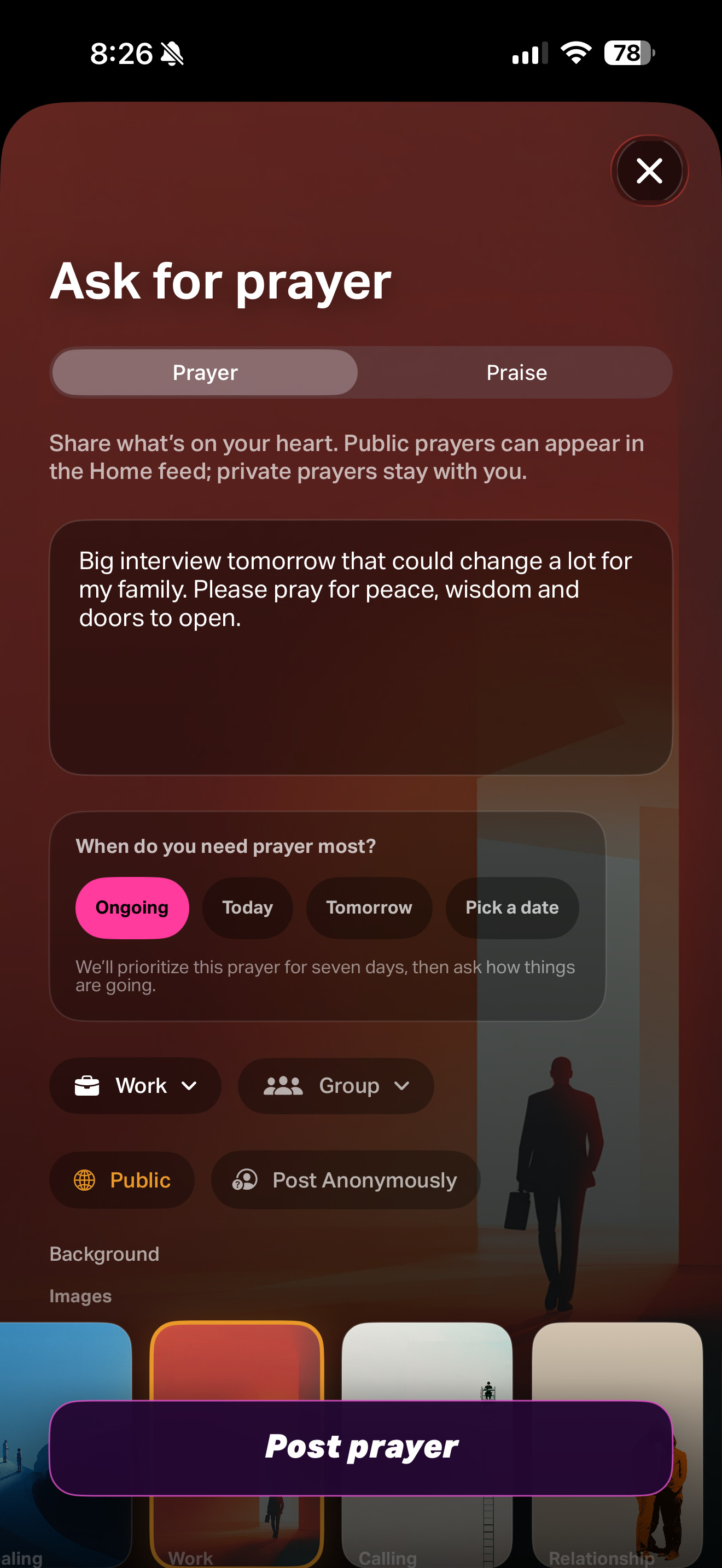 Ask for prayer screen