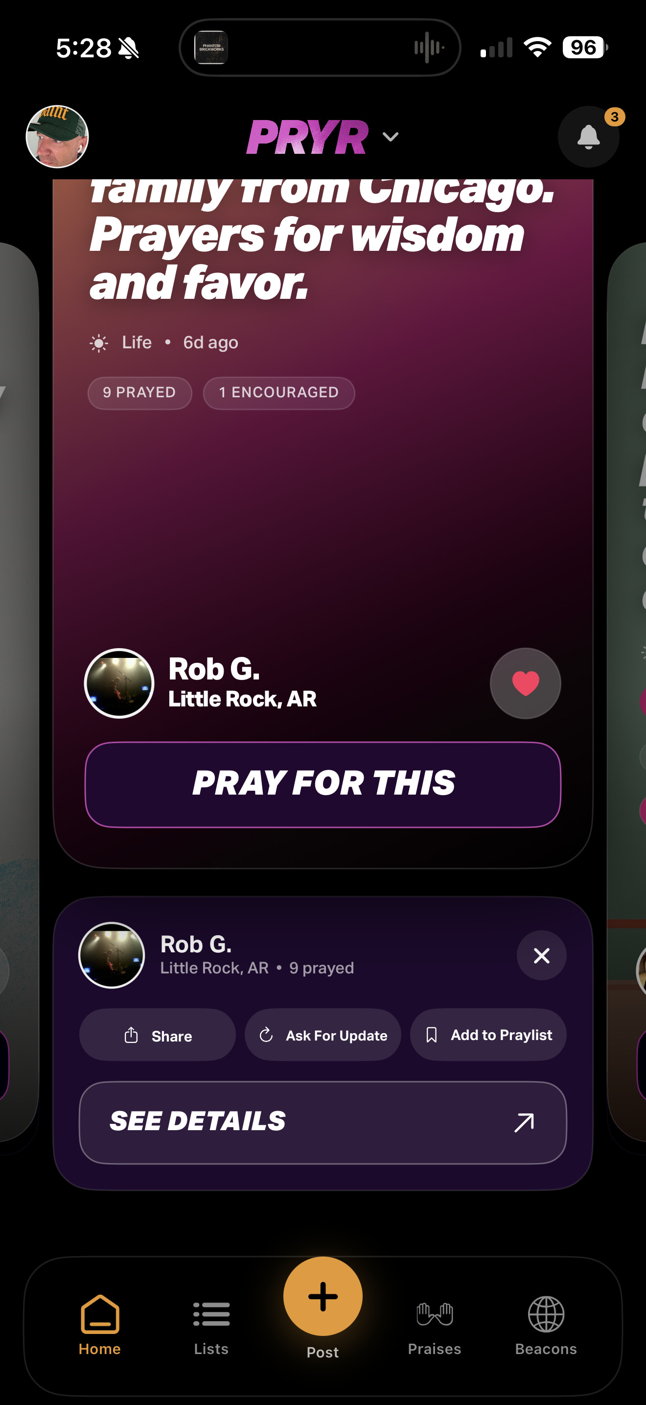 Prayer card with update and Praylist actions